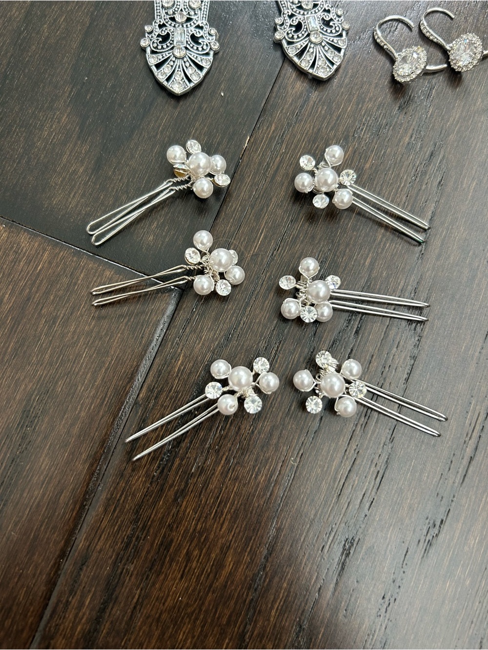 Silver-Tone Bridal Hair Pins & Earrings Set - Pearls & Rhinestones - Picture 2 of 4